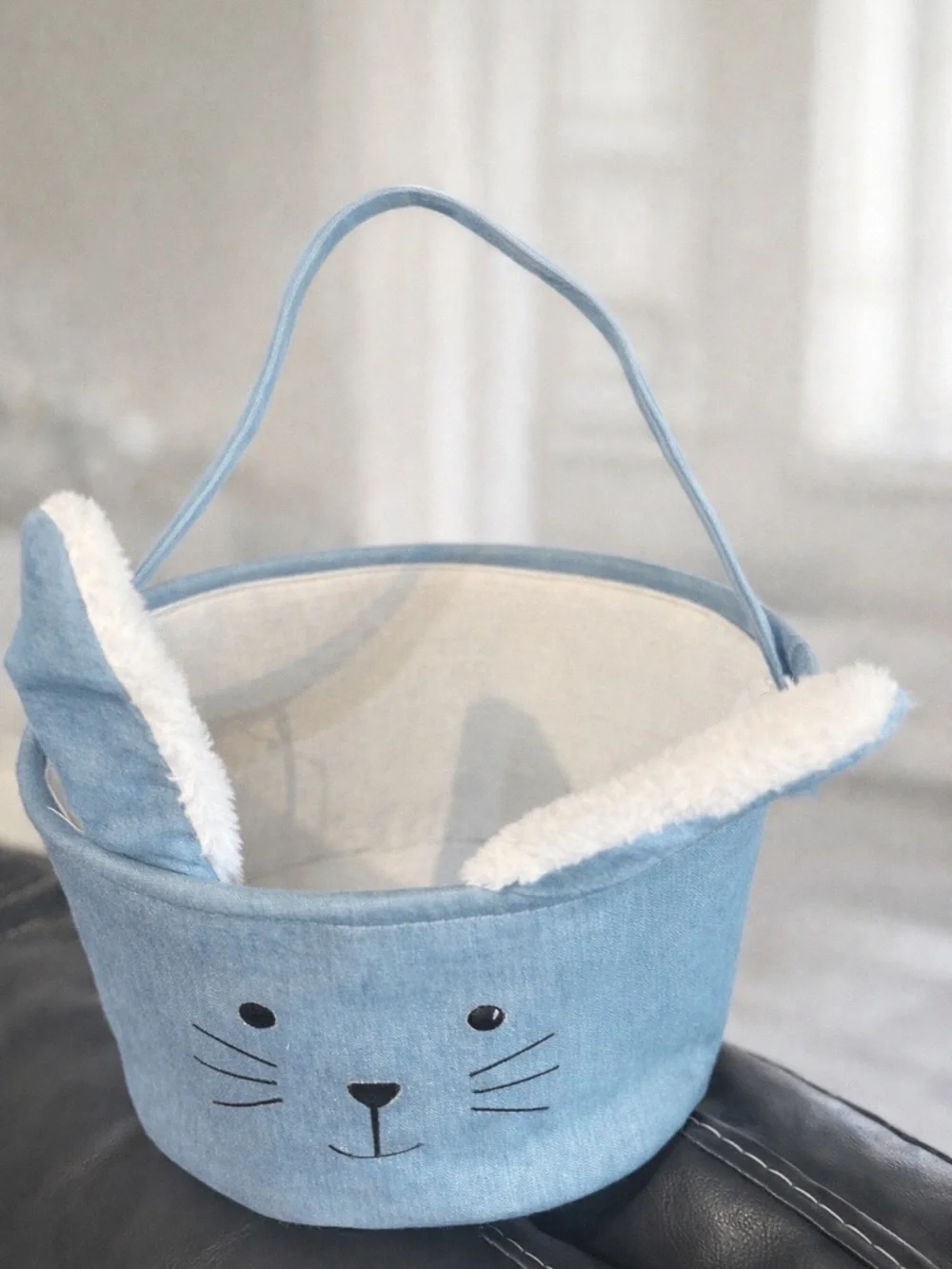 Set of 2 Bunny Easter Baskets Blue & Gray Fabric Easter Buckets